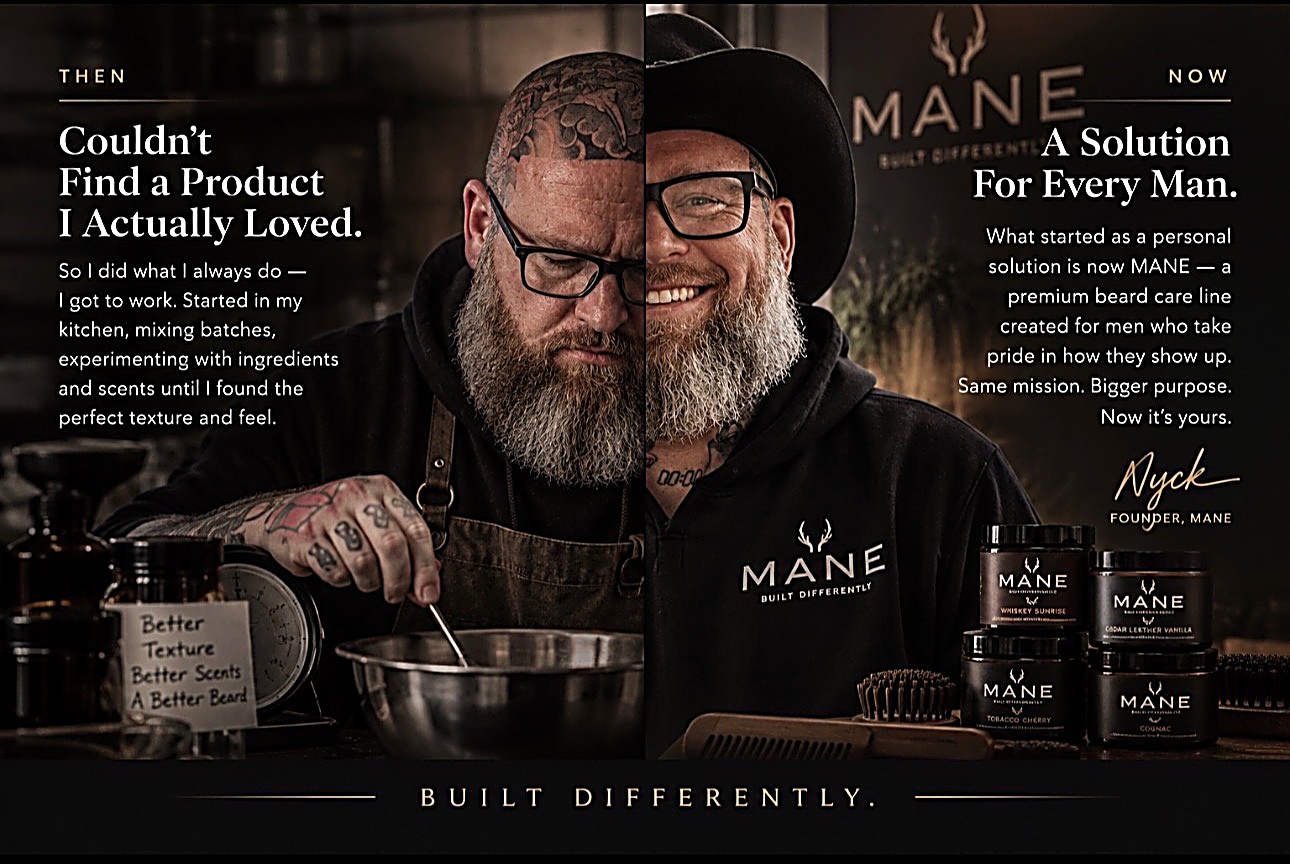 MANE founder Nyck's story, then and now — from mixing batches in his kitchen to a premium beard care line built for every man